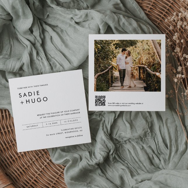 SADIE Minimal Square Wedding Invite Foto, QR Code Einladung (Von Creator hochgeladen)