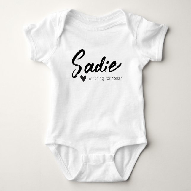 Sadie Name Reveal Bedeutung Minimal Moderne Schwar Baby Strampler (Vorderseite)
