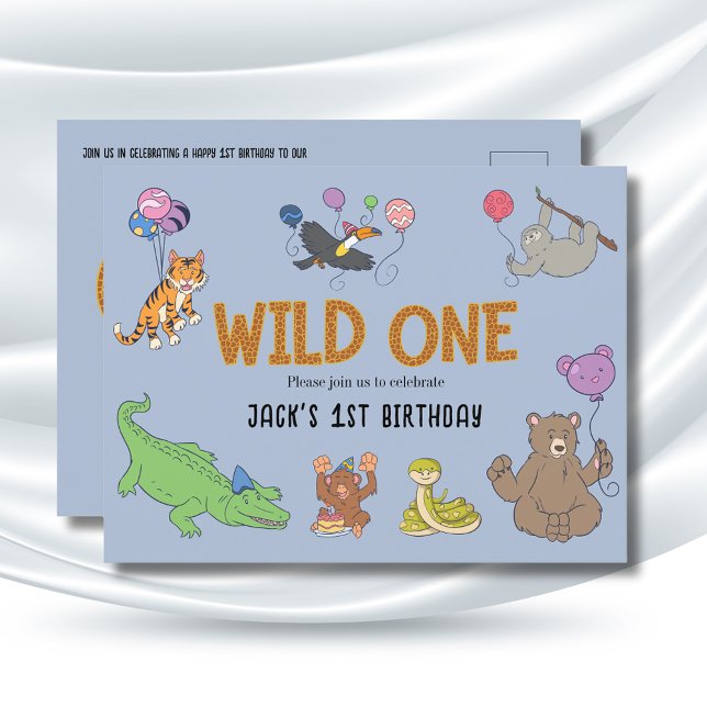 Safari 1. Geburtstag Einladungen Wild One Animals (Wild One 1st Birthday Jungle Safari animals invitation in blue.)