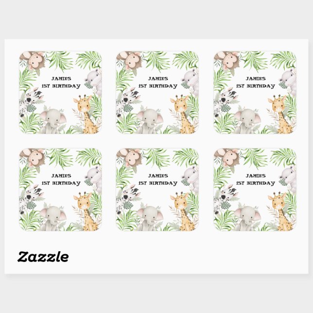 Safari Adventure 1. Geburtstag Quadratischer Aufkleber (Blatt)