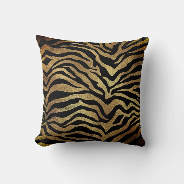 Safari African Gold Glam Zebra Animal Skin Black Kissen (Vorderseite)