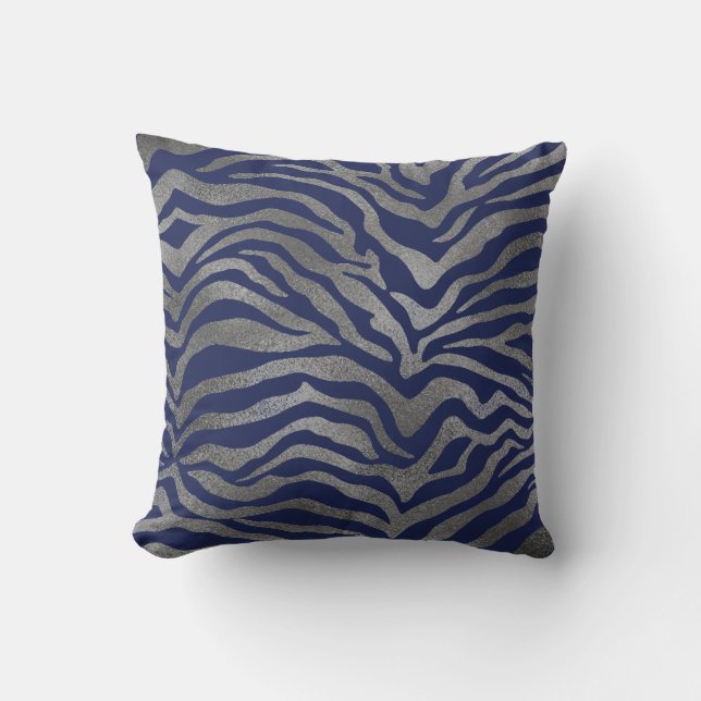 Safari African Silver Glam Zebra Animal Skin Navy Kissen (Vorderseite)