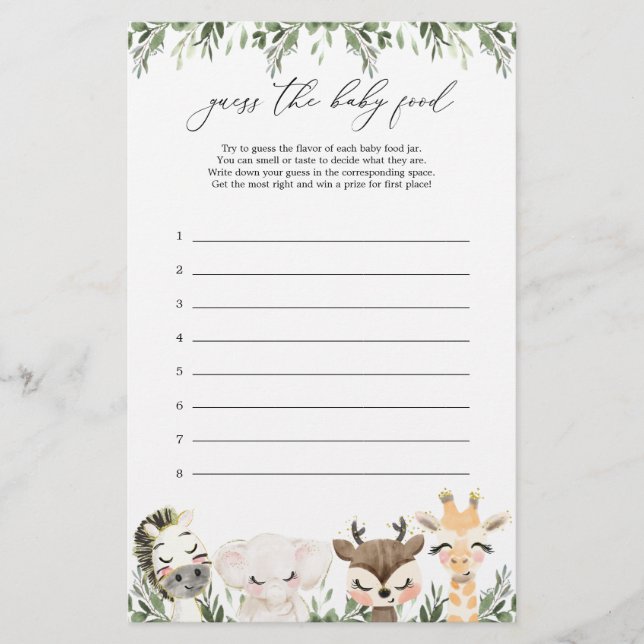 Safari Animal Baby Dusche Ratet The Baby Food Game (Vorderseite)