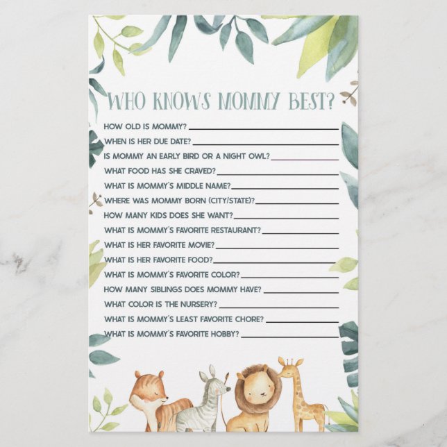 Safari Animal, das Mommy Baby Shower Game kennt Briefpapier (Vorderseite)