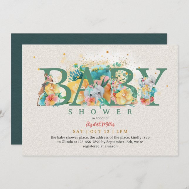 Safari Animal Elephant Giraffe Baby Girl Dusche Einladung (Vorne/Hinten)