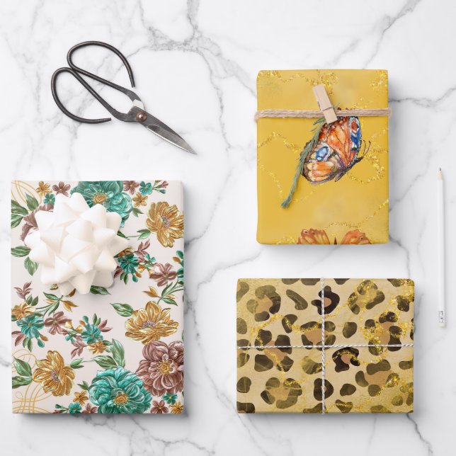 Safari Animal Floral Butterflys Print Geschenkpapier Set (Vorderseite)