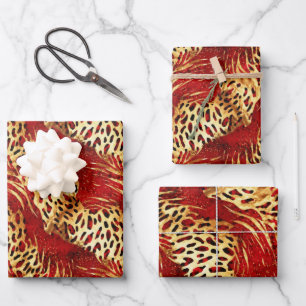 Safari Animal Fur Druckmuster rot und Gold Geschenkpapier Set