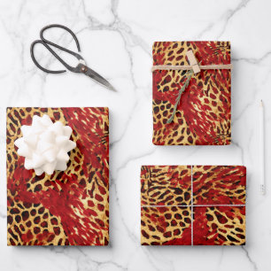 Safari Animal Fur Druckmuster rot und Gold Geschenkpapier Set