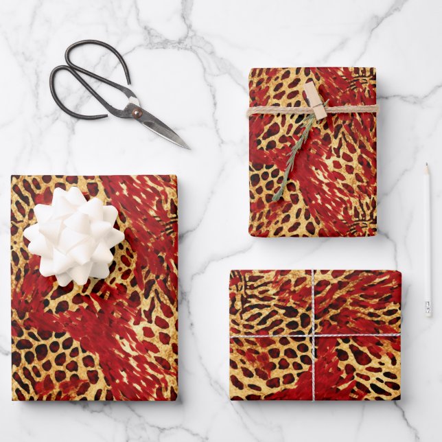 Safari Animal Fur Druckmuster rot und Gold Geschenkpapier Set (Vorderseite)