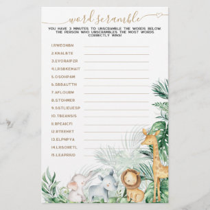 Safari Animal Greenery Baby Word Scramble-Spiel