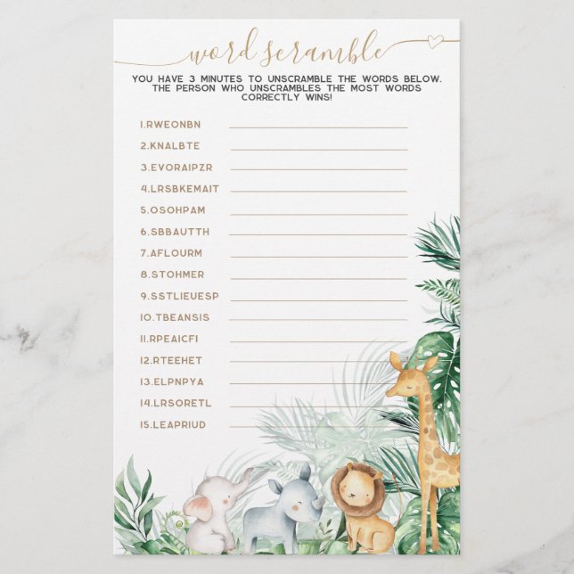 Safari Animal Greenery Baby Word Scramble-Spiel (Vorderseite)