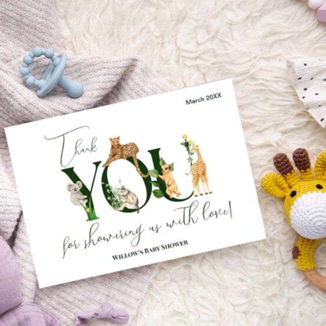 Safari Animal Jungle Green Junge Baby Dusche Dankeskarte (Thank you for showering us with love card)