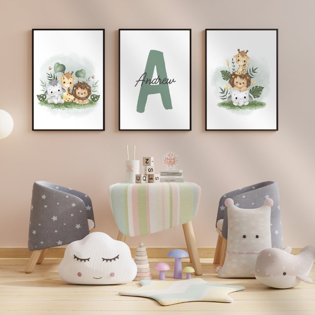 Safari Animal Kinderzimmer Watercolor Erstname Kin Bilderwand Sets (Von Creator hochgeladen)