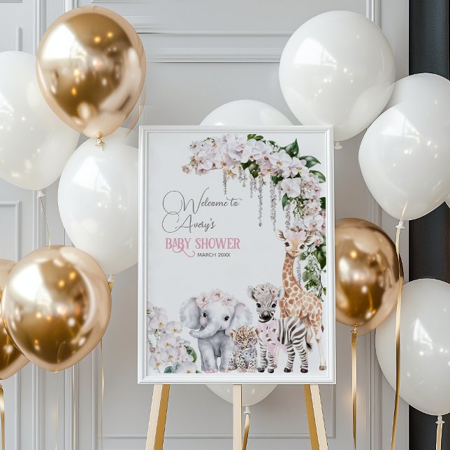 Safari Animal Tropical Blume Pink Baby Dusche Poster (Von Creator hochgeladen)