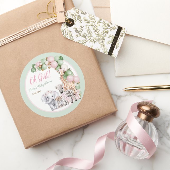 Safari Animal Tropical Green Pink Baby Girl Dusche Runder Aufkleber (Schenken)