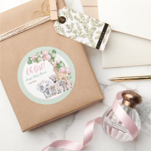 Safari Animal Tropical Green Pink Baby Girl Dusche Runder Aufkleber