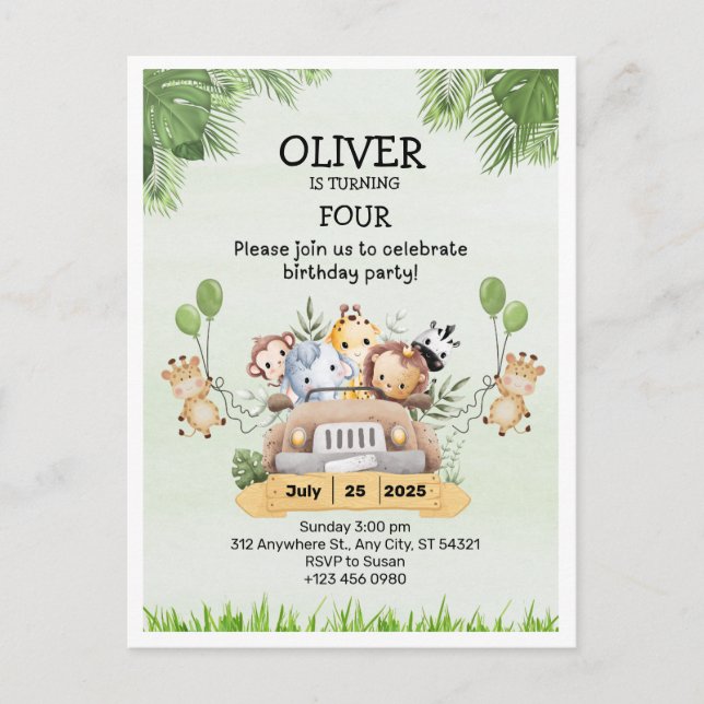 Safari Animal Zoo Geburtstag 4. Einladung Postkart Postkarte (Vorderseite)
