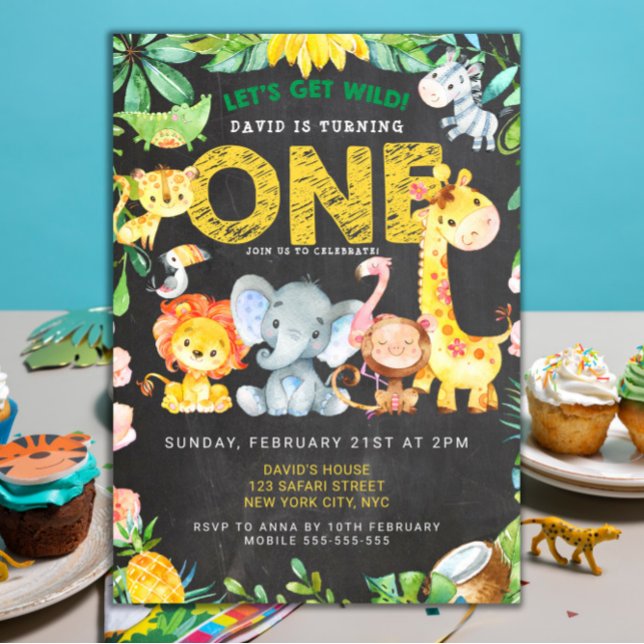 Safari Animals 1e Boy Birthday Chalkboard Jungle Einladung (jungle themed zoo birthday 1st birthday party animals safari template)