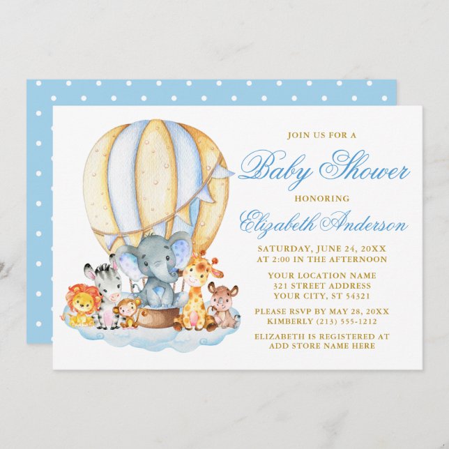 Safari Animals Air Ballon Wolken Dots Baby Dusche Einladung (Vorne/Hinten)