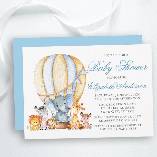 Safari Animals Air Balloon Baby Dusche Blue Silver Einladung (Customize to change text color, size, text style or change color of back of card.)