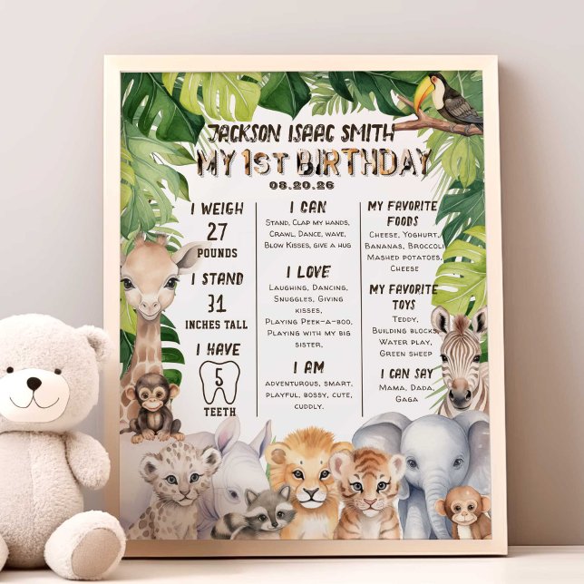Safari Animals Baby Boy 1. Meilenstein Fotodruck (Safari Animals boy 1st birthday milestone poster.)