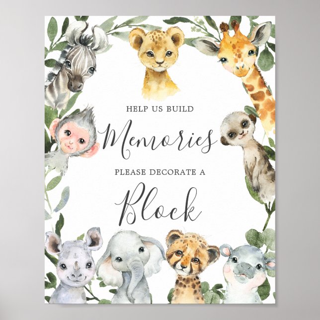 Safari Animals Baby Dusche Dekorieren ein Blockzei Poster (Vorne)