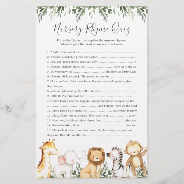 Safari Animals Baby Dusche Kinderzimmer Rhyme Quiz (Vorderseite)