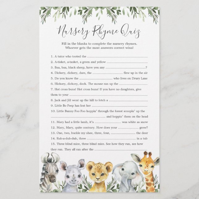 Safari Animals Baby Dusche Kinderzimmer Rhyme Quiz (Vorderseite)