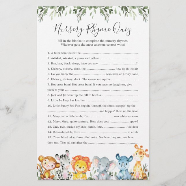 Safari Animals Baby Dusche Kinderzimmer Rhyme Quiz (Vorderseite)