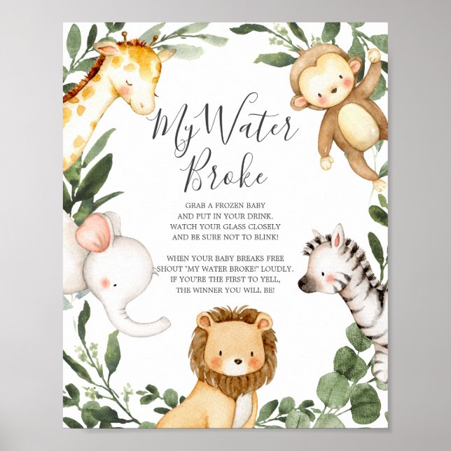Safari Animals Baby Dusche Mein Wasser Broke Schil Poster (Vorne)