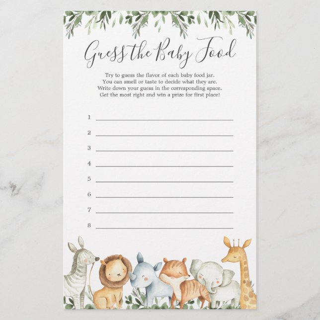 Safari Animals Baby Dusche Ratet The Baby Food (Vorderseite)