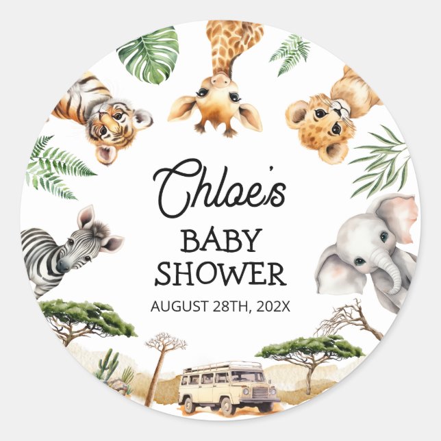 Safari Animals Baby Dusche Runder Aufkleber (Vorderseite)