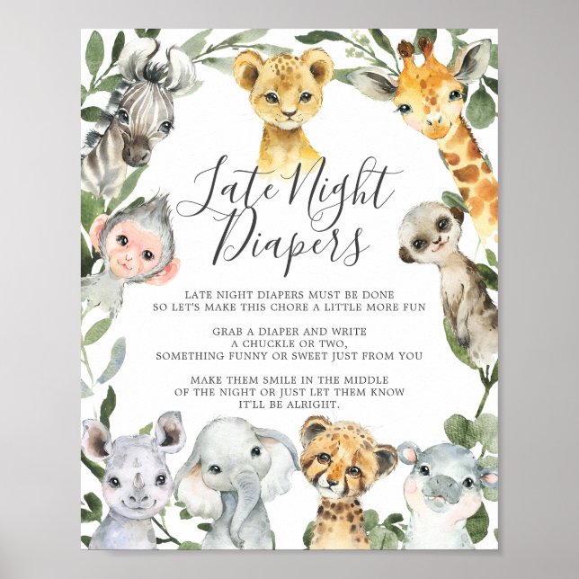 Safari Animals Baby-Dusche Spätnächtliche Windeln  Poster (Vorne)