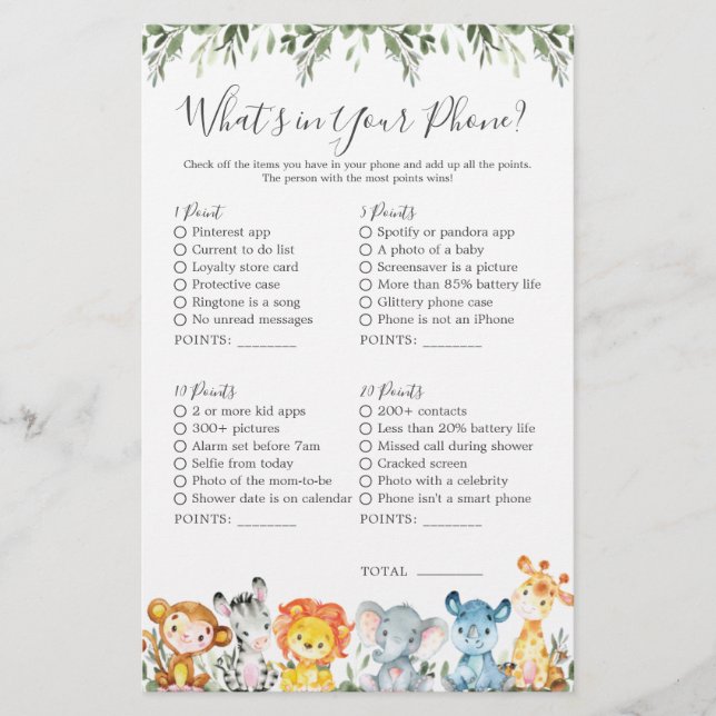 Safari Animals Baby-Dusche Was ist in Ihrem Telefo (Vorderseite)