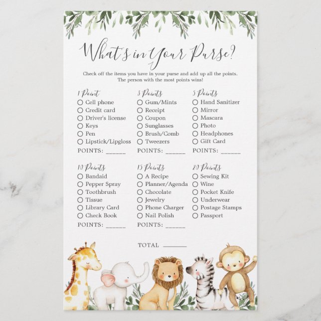 Safari Animals Baby-Dusche Was ist in Ihrer Tasche (Vorderseite)