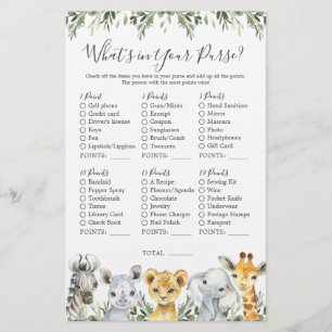 Safari Animals Baby-Dusche Was ist in Ihrer Tasche