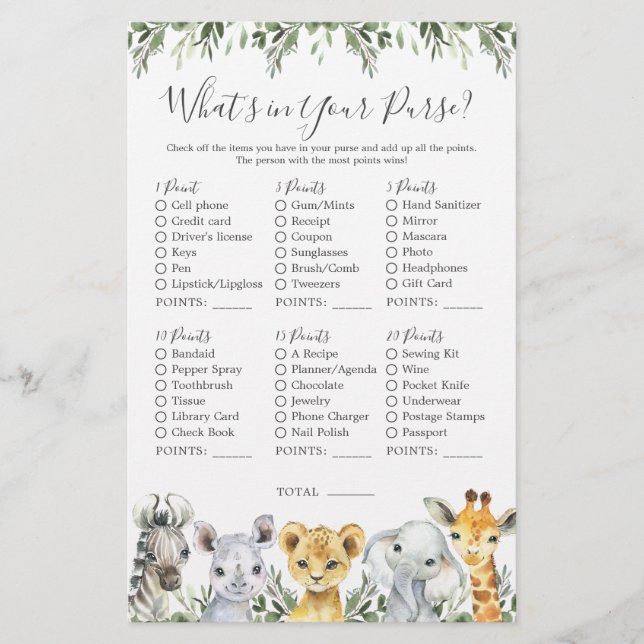 Safari Animals Baby-Dusche Was ist in Ihrer Tasche (Vorderseite)