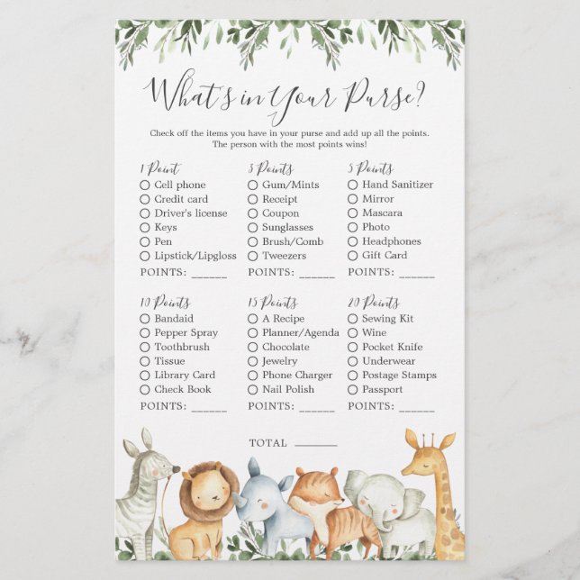 Safari Animals Baby-Dusche Was ist in Ihrer Tasche (Vorderseite)