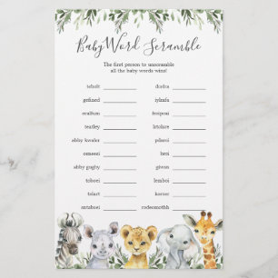 Safari Animals Baby Dusche Word Scramble Game