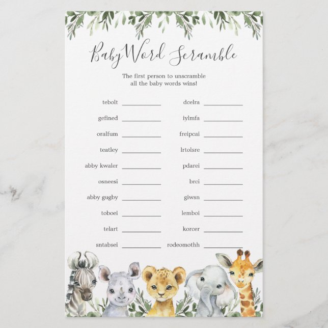 Safari Animals Baby Dusche Word Scramble Game (Vorderseite)