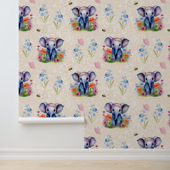 Safari Animals Baby Elephant Floral auf Cream Tapete (Anwendung)