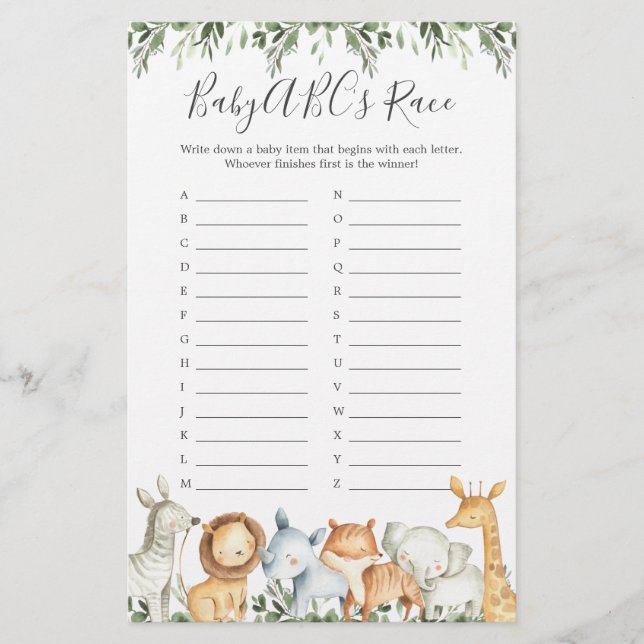 Safari Animals Baby Shower ABCs Race Game (Vorderseite)