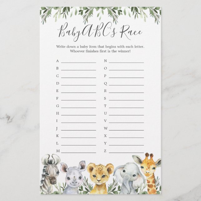 Safari Animals Baby Shower ABCs Race Game (Vorderseite)