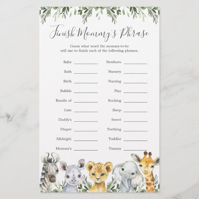 Safari Animals Baby Shower beenden Mommy's Phrase (Vorderseite)