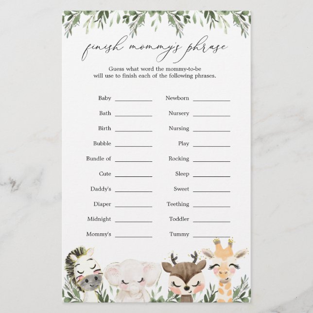 Safari Animals Baby Shower beenden Mommy's Phrase (Vorderseite)