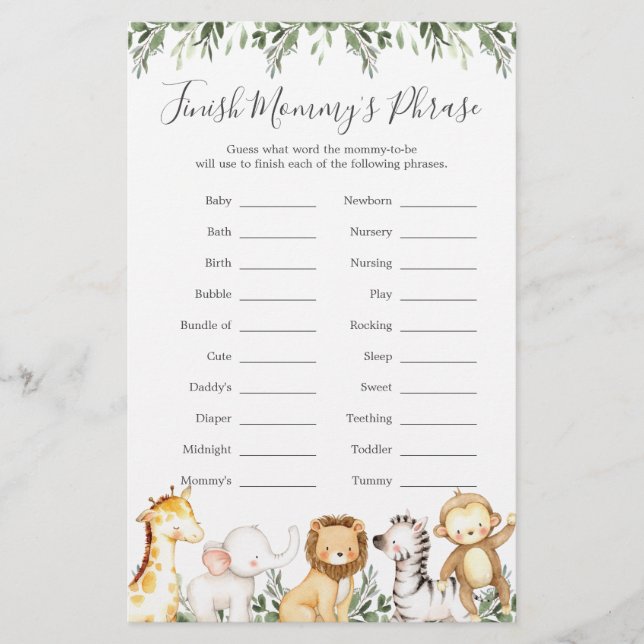 Safari Animals Baby Shower beenden Mommy's Phrase (Vorderseite)