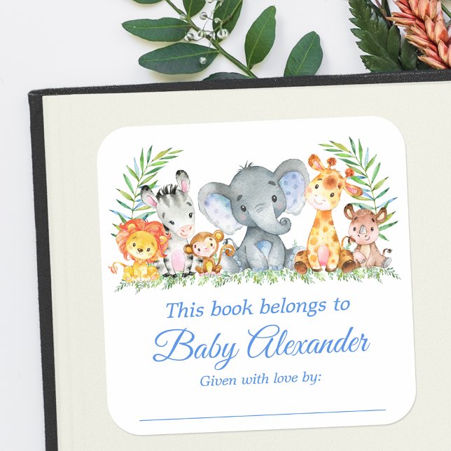Safari Animals Baby Shower Blue Buchzeichen Labels Quadratischer Aufkleber (Customize to change text size, color or text style.)