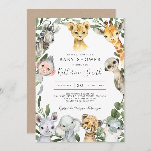 Safari Animals Baby Shower Einladung (Vorne/Hinten)