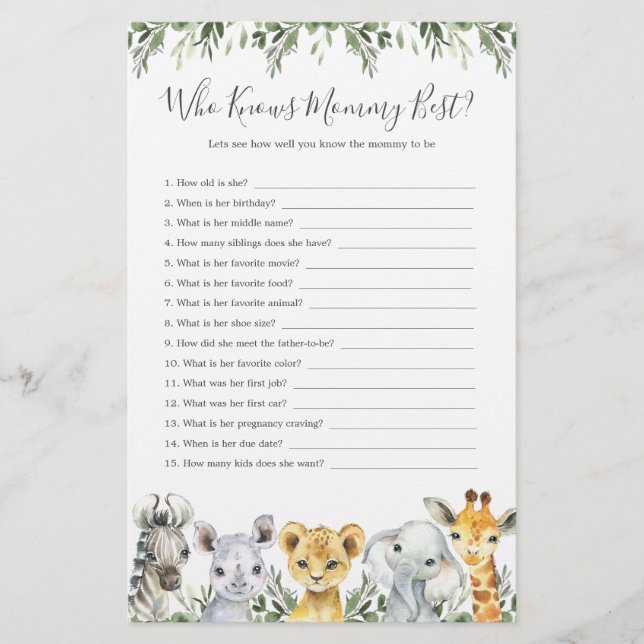 Safari Animals Baby Shower kennt Mommy Best (Vorderseite)