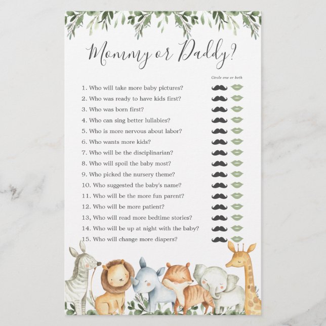 Safari Animals Baby Shower Mommy oder Daddy Game (Vorderseite)